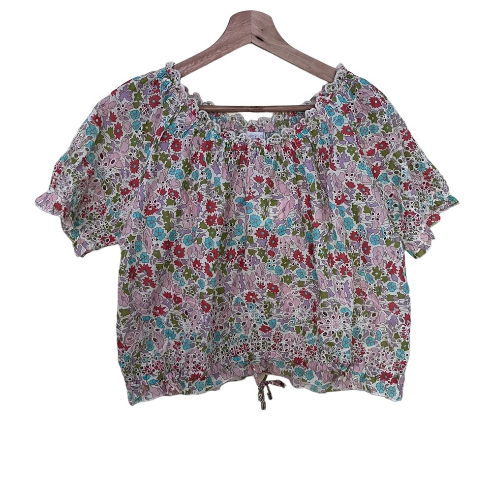 New JENNIFER AND GRACE Cotton Flutter Sleeve Eyelet Top